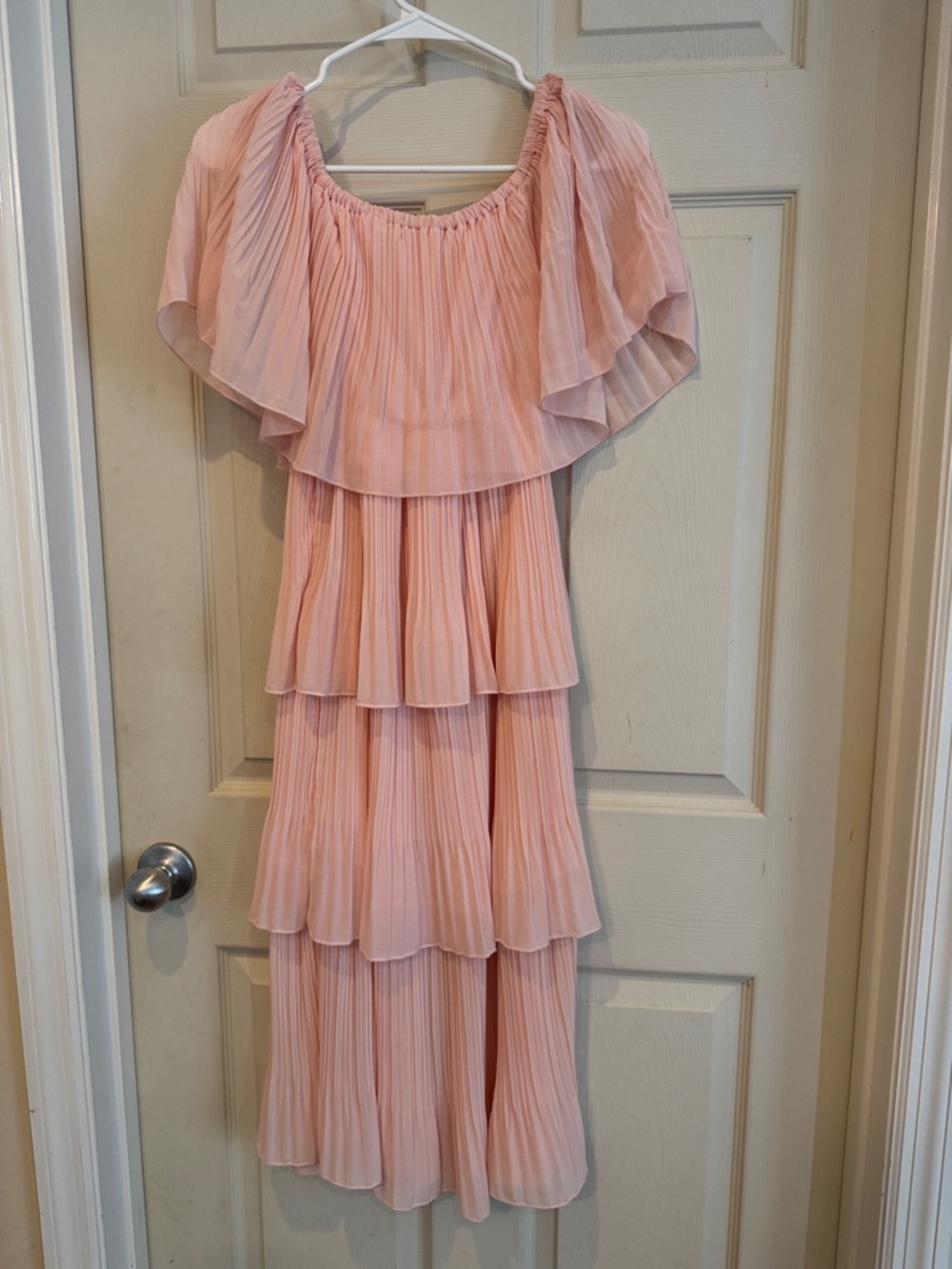 Pleated Tiered Pink Off-Shoulder Maxi Dress